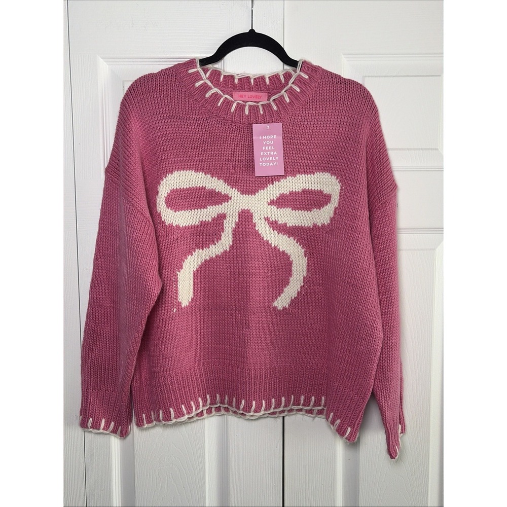 Hey Lovely Bow Graphic Sweater Womens Size XS Pink Knit Balletcore Whimsy New
